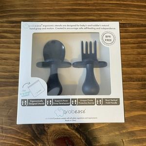 NEW Grabease Ergonomic Baby Infant Toddler Spoon Fork Utensils, Navy Blue